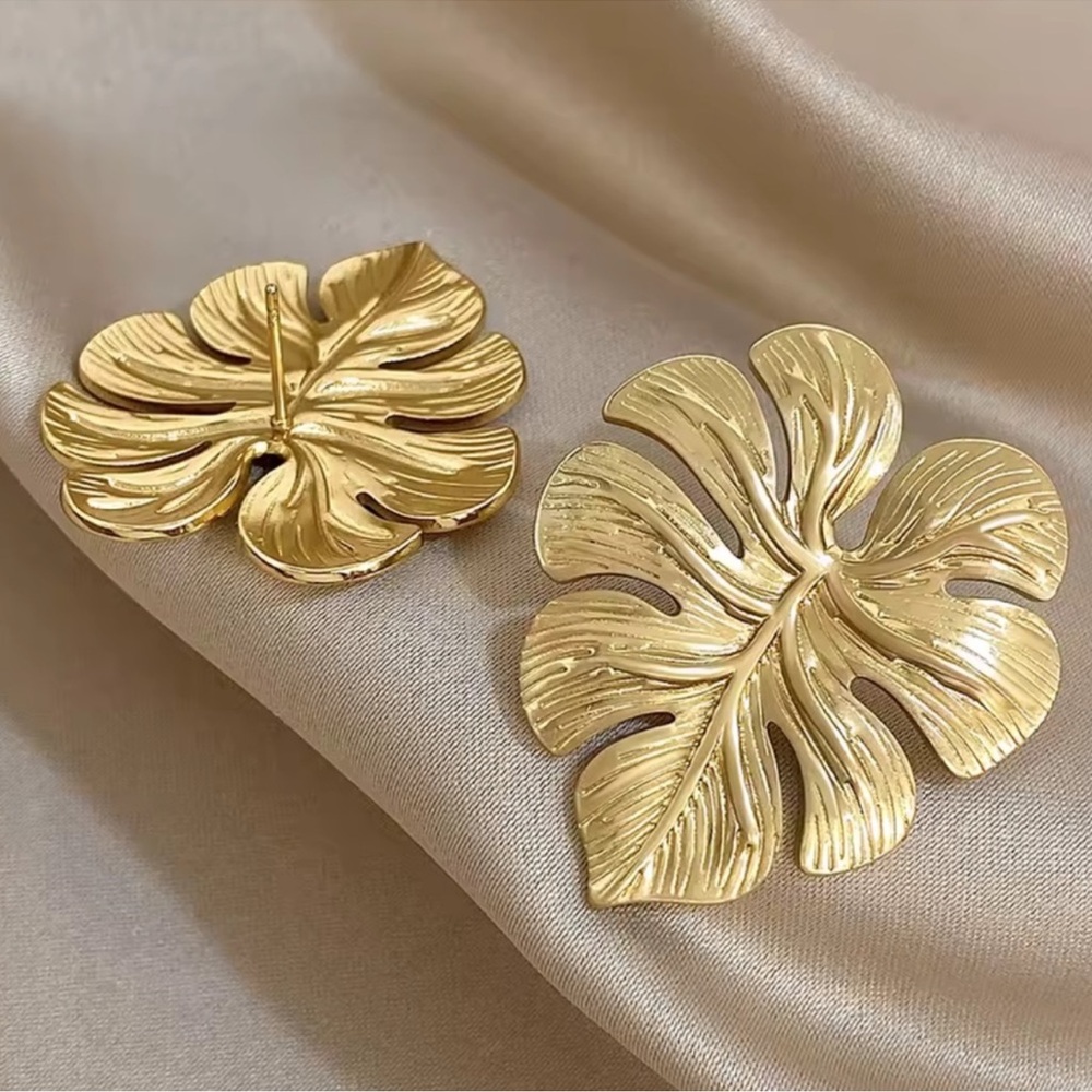 Gold Monstera Leaf Statement Earrings - image 5